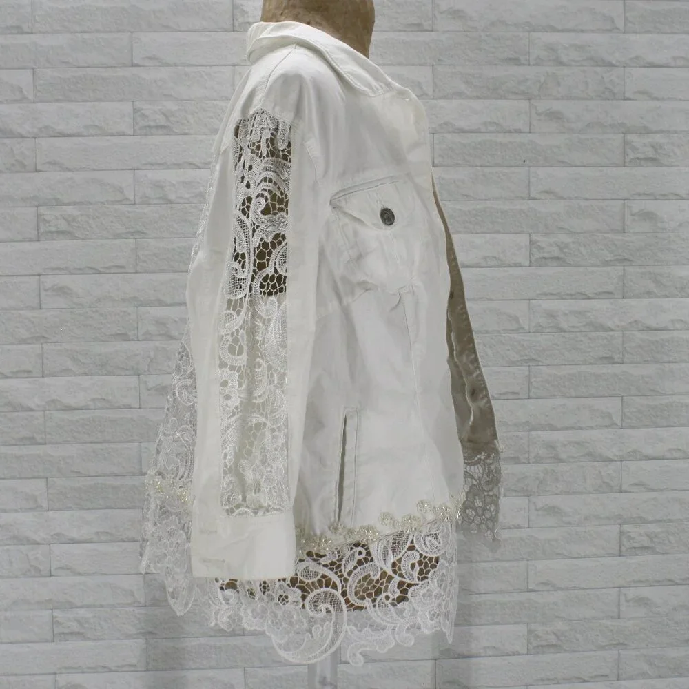 HAND CRAFTED Jacket Denim Upcycled Lace Pearl Floral White Plus Size 16 - Picture 5 of 16